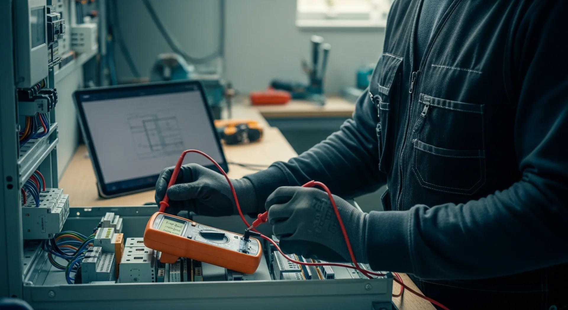 Elektrotechniker prüft eine Unterverteilung, der Berater begleitet am Tablet, Konzeptvisualisierung