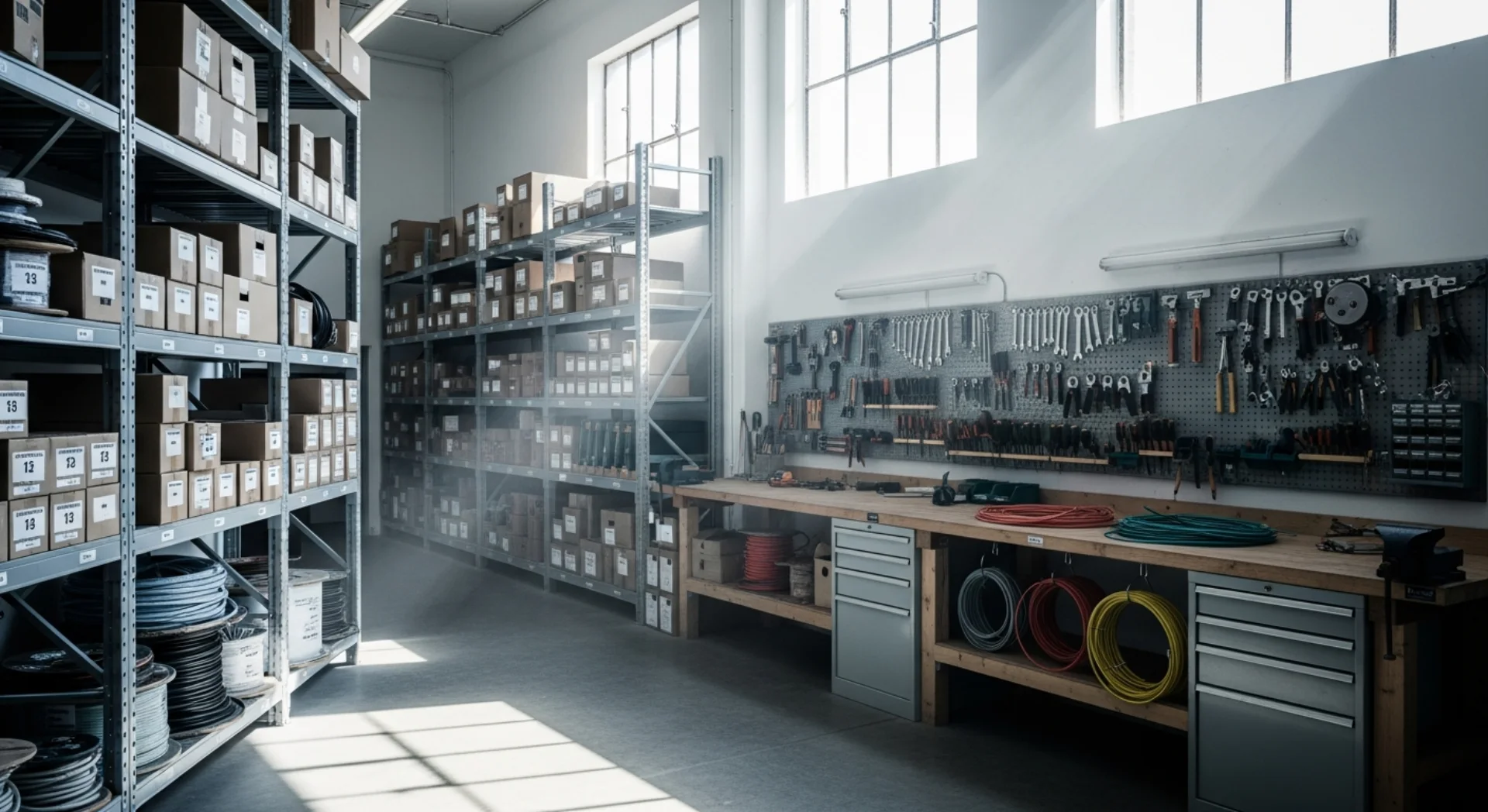 Aufgeräumtes Materiallager eines Elektrobetriebs am Morgen, Konzeptvisualisierung