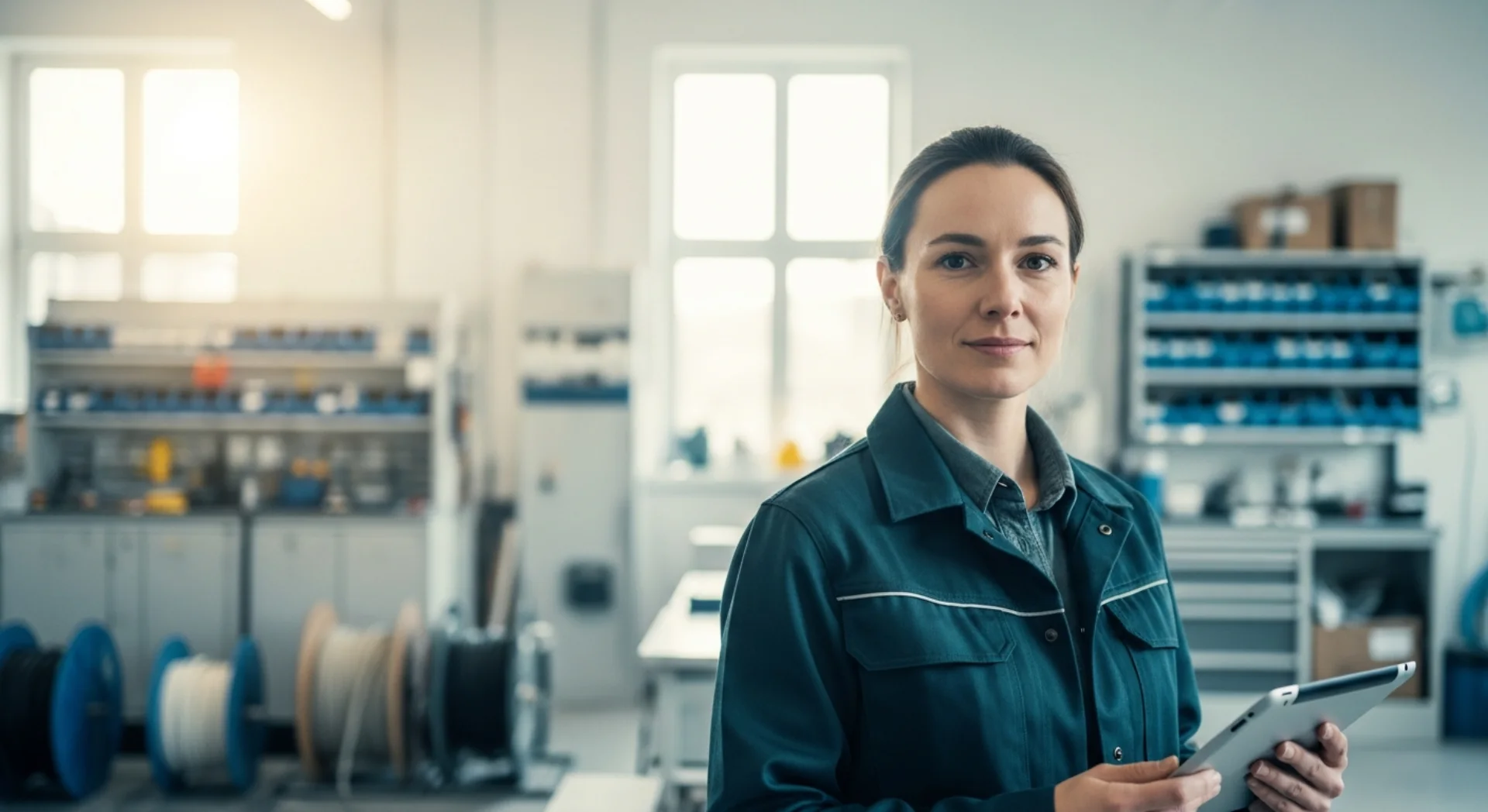 Elektromeisterin mit Tablet in der Werkstatt eines Elektro-Fachbetriebs, Konzeptvisualisierung